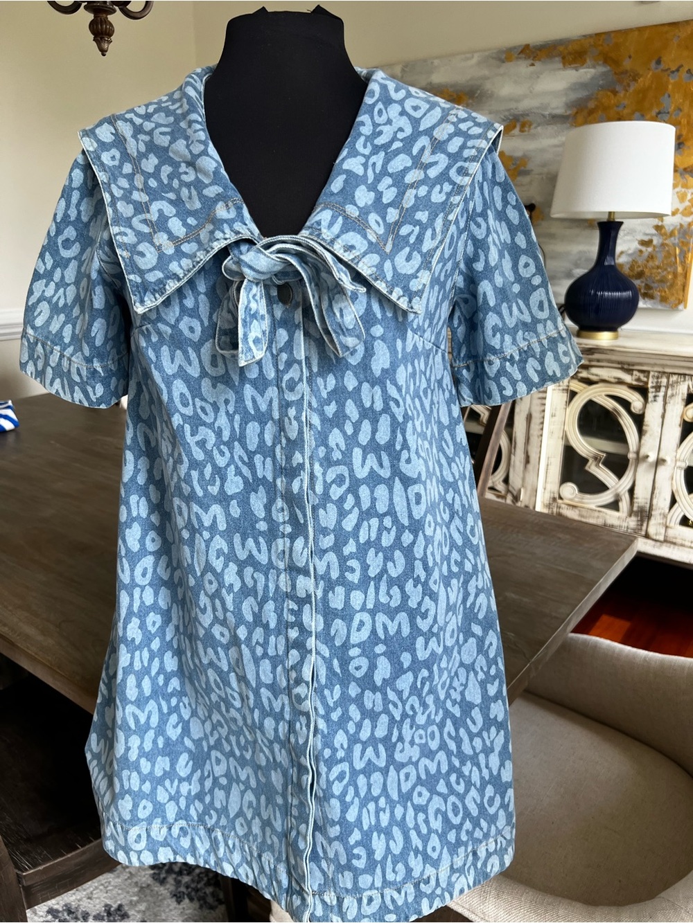 Blue Denim Animal-Print Sailor Collar Dress
